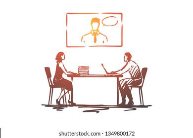 Online, meeting, office, conference, business concept. Hand drawn business conference online concept sketch. Isolated vector illustration.