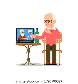 Online meeting old friends. People drink wine together in quarantine. Elderly man sitting in a chair in front of a laptop and sees a older friend on screen. Video chat. Flat isolated illustration.
