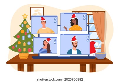 Online meeting on Christmas weekend. Men and women in Santa hats communicate via video link. Friends or relatives wish each other Happy New Year. Cartoon flat vector illustration on white background