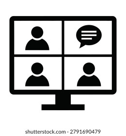 Online meeting on computer screen with four participants and chat bubble