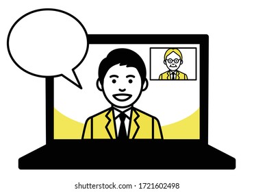 Online meeting on laptop computer with speech bubbles. Vector illustration.