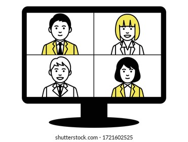 Online Meeting On Split Screen. Vector Illustration.