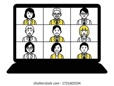 Online Meeting On Split Screen. Vector Illustration.