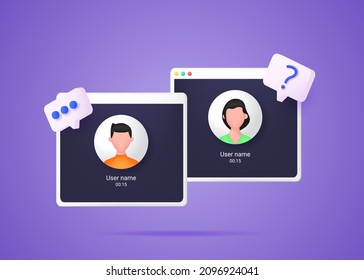 Online meeting. People communicate with each other via video link. Video call screen. Vector 3D illustration.