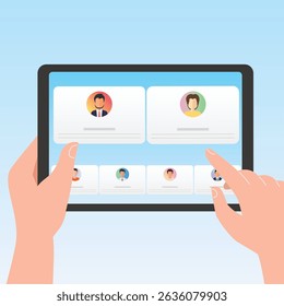 reunião on-line pessoas conectando-se vídeo conferência remoto trabalhando no tablet computador, trabalhar de casa e trabalhar de qualquer lugar