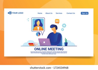 Online meeting. People on computer screen taking with colleague.  online meeting workspace vector page
