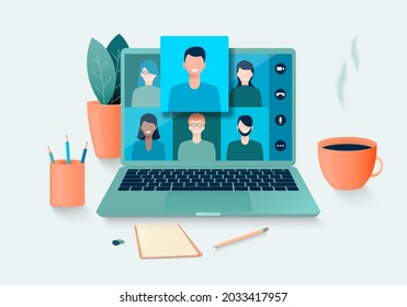 Online meeting of people using videoconference. Teleconferencing and work remotely from home or anywhere. Vector illustration.