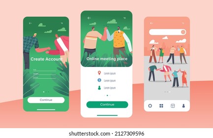 Online Meeting Place Mobile App Page Onboard Screen Template. Informal Greetings, Happy People Giving High Five and Hit Elbows, Cheerful Friends, Colleagues Concept. Cartoon People Vector Illustration