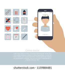 Online meeting with a proffesional doctor on a smartphone. Online healthcare consultation concept. Vector isolated illustration.