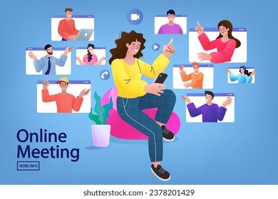 Online meeting and remote work concept. A woman leads a video conference from her comfortable home office, collaborating with a team of colleagues. For work from home  and flexible job lifestyles