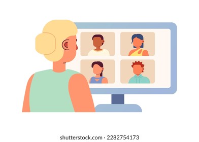 Online meeting for remote workers 2D vector isolated spot illustration. Freelancer with colleagues virtually flat character on cartoon background. Colorful editable scene for mobile, website, magazine