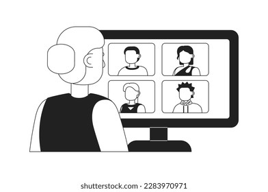 Online meeting for remote workers 2D vector monochrome isolated spot illustration. Flat black and white character on cartoon background. Thin line editable scene for mobile, website, magazine
