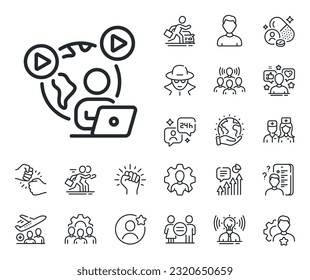 Online meeting sign. Specialist, doctor and job competition outline icons. Video conference line icon. Start presentation symbol. Video conference line sign. Vector