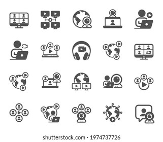 Online Meeting Simple Icons. Virtual Presentation, Video Conference, Live Chat Icons. Team Video, Digital Training, Online Presentation. Live Webinar, Remote Team Conference, Virtual Study. Vector