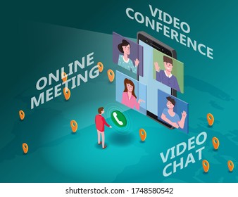 Online meeting team Video conference man on screen phone talking by internet in videocall, chat, isometry. Workspace remote management communication meeting. Vector illustration isolated trendy flat