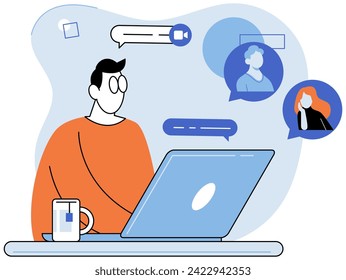 Reunión en línea. Ilustración vectorial. La conexión con otros se facilita a través de plataformas de reuniones en línea. El contacto se puede establecer y mantener a través de reuniones virtuales e interacciones digitales.