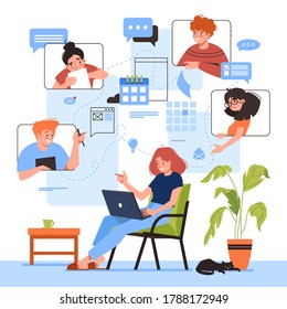 Online meeting vector illustration design. Woman with laptop at remote work conference. Virtual video study or education, business planning. Flat cartoon people discussion. Home office concept.