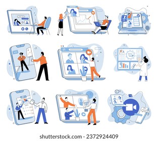 Online meeting. Vector illustration. International connections are easily made through remote technology and online platforms Teleconferences and video calls bridge distance between participants