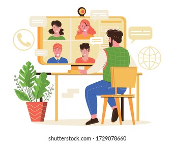 Online meeting vector illustration. Man on computer screen talking with colleague by video chat. 