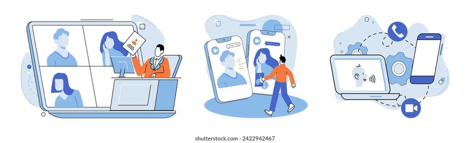 Online meeting. Vector illustration. Networking plays vital role in building connections and opportunities in online world Global collaboration is made possible through online meetings and virtual