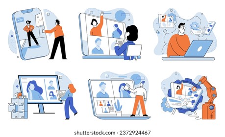 Online meeting. Vector illustration. Webinars provide digital platform for interactive online meetings and knowledge sharing The online meeting metaphorically represents virtual workspace for remote