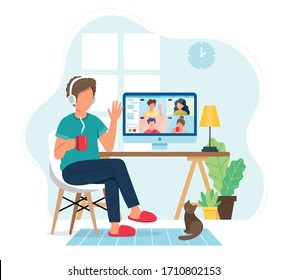 Online meeting via group call. Man talking to friends in video conference. Vector illustration in flat style