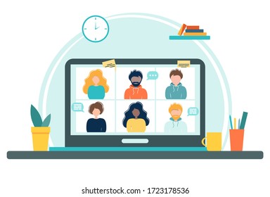 Online meeting via group call. Home office concept with laptop, books and cup. Group of people doing video conference. Vector illustration in flat style. Stay at home. Self-isolation.