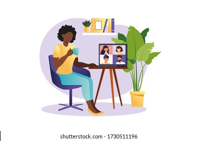 Online meeting via group call. People on computer screen speaking with colleague or friend. Illustrations concept video conference, online meeting or work from home. Vector illustration in flat style.