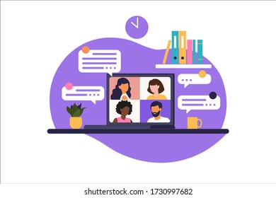 Online meeting via group call. People on computer screen speaking with colleague or friend. Illustrations concept video conference, online meeting or work from home. Vector illustration in flat style.