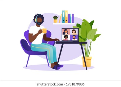 Online meeting via group call. People on computer screen speaking with colleague or friend. Illustrations concept video conference, online meeting or work from home. Vector illustration in flat style.