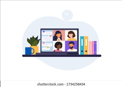 Online meeting via group call. People on computer screen speaking with colleague or friend. Illustrations concept video conference, online meeting or work from home. Vector illustration in flat style.
