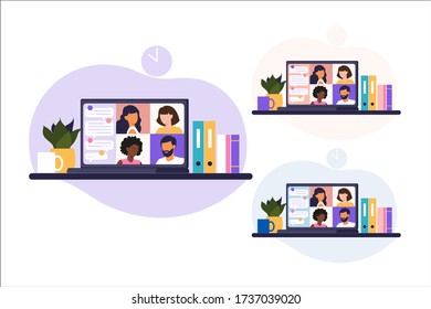 Online meeting via group call. People on computer screen speaking with colleague or friend. Illustrations concept video conference, online meeting or work from home. Vector illustration in flat.
