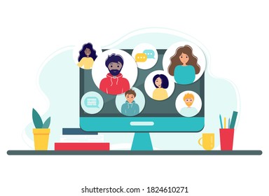 Online meeting via group call. Home office concept with computer, books and cup. Group of people doing video conference. Vector illustration in flat style. Stay at home. Self-isolation