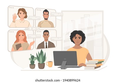 Online meeting via group call. Woman is working from home and meeting from colleagues online via video conference. Сoncept working from home,  online training, quarantine. Vector illustration