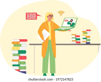 Online meeting via group call. Woman talking to friend in video conference standing with laptop at table in office or home. Modern methods of communication at distance, virtual chatting via internet