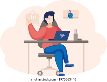 Online meeting via group call. Woman talking to friend in video conference sitting with laptop at table in office or home. Modern methods of communication at distance, virtual chatting via wi-fi