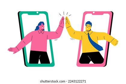 Online meeting via smartphone. Social media on mobile device. Flat vector illustration isolated on white background
