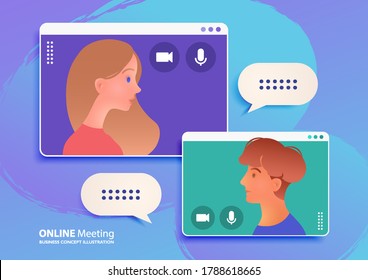 Online meeting via a video call app between young adult man and woman, Work from Home concept vector illustration.