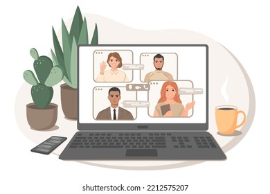 Online meeting via video conference. Group of people talking by internet, web chatting. Vector illustration
