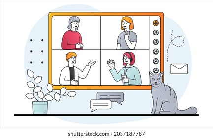 Online meeting via video. Friends communicate on Internet, girls discuss their issues. Online conference of company, solution of important questions. Vector illustration isolated on white background