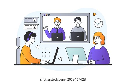 Online meeting via video link. Business partners discuss development strategies at video conference. Remote work or distance learning. Cartoon flat vector illustration isolated on white background