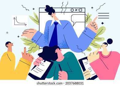 Online meeting, video call in office concept. Group of business people partners coworkers having online meeting on virtual workplace or remote office practicing telework conference illustration 