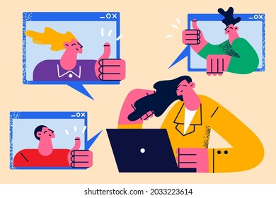 Online meeting and video chat concept. Group of young people cartoon characters colleagues showing thumb up signs from screens during online meeting at pandemic and quarantine vector illustration 
