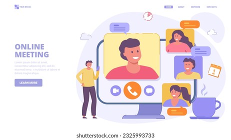 Online meeting, video conference, online chat, video call. Vector design concept with characters for landing page. Flat vector illustration for website, banner, print.