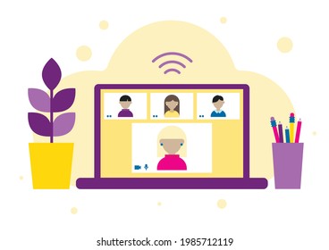 Online meeting, video conference. Group of people talking by internet, web chatting, remote working on laptop. Stay home safe, quarantine concept. Vector illustration in flat style.