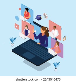 Online meeting - video conference isometric 3d vector illustration for banner, website, illustration, landing page, template, etc
