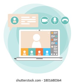 Online meeting, video conference vector concept. Laptop screen, computer monitor, user avatar icon, speech bubble, camera, microphone, call signs. Business remote work, webinar, distance education