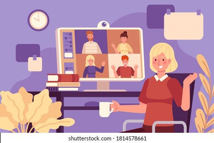 Online meeting. Video conference woman online meeting with colleagues, remote work using computer, collective virtual chat vector concept. Illustration online communication at computer