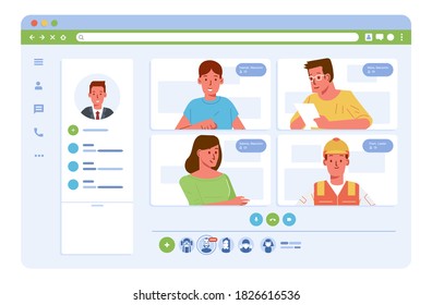 Online Meeting Video Conference Of Worker In Office And Field Work. Vector Illustration Of Online Meeting Of Workers Using Video Call Application In Computer. Used For Poster, Website Image And Other