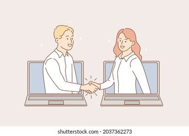 Online meeting and videoconference concept. Young smiling business people shaking hands from laptops screens after online meeting vector illustration 